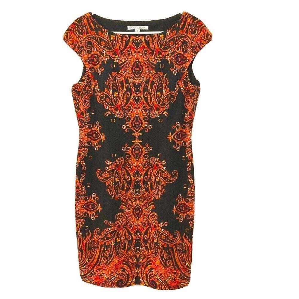 Maggy London Black Dress with Vibrant Orange Patterns